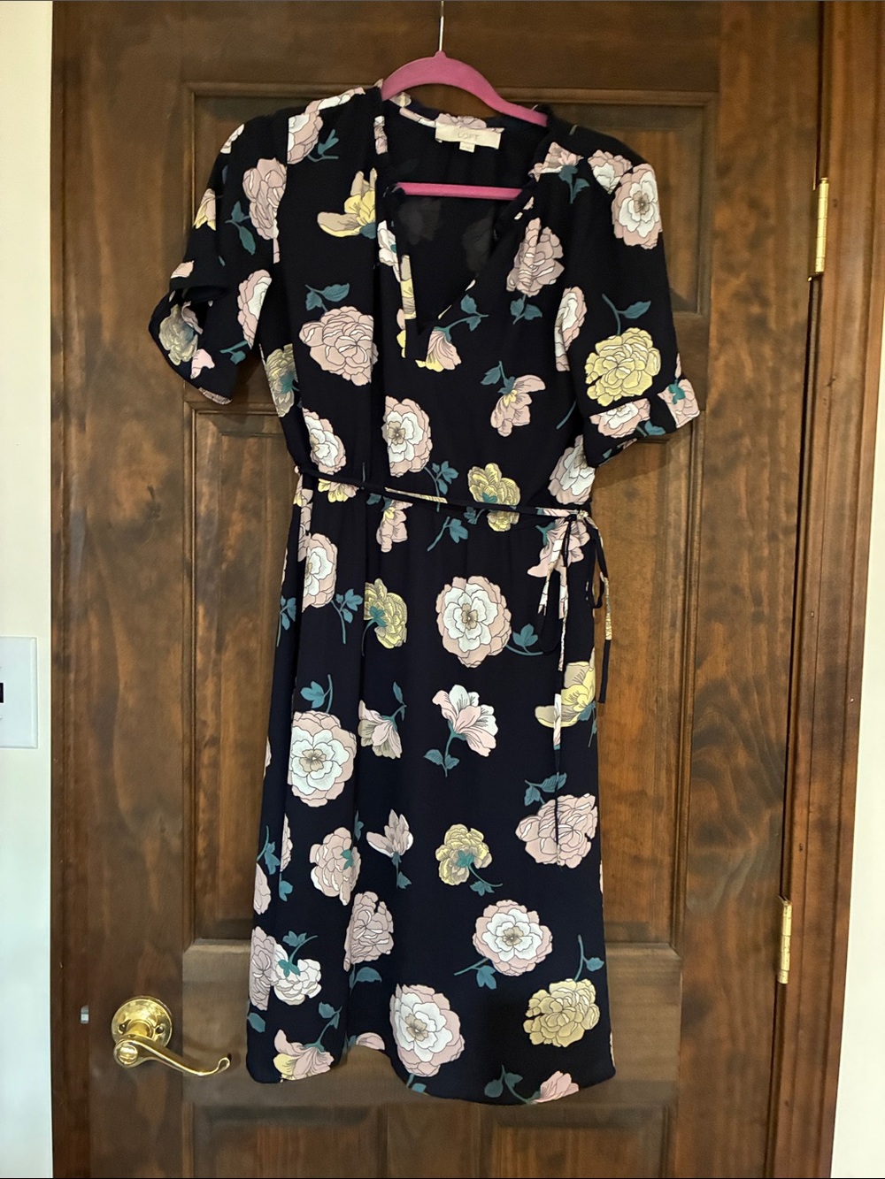 LOFT Navy Floral Wrap Dress with Pink and Yellow Blooms